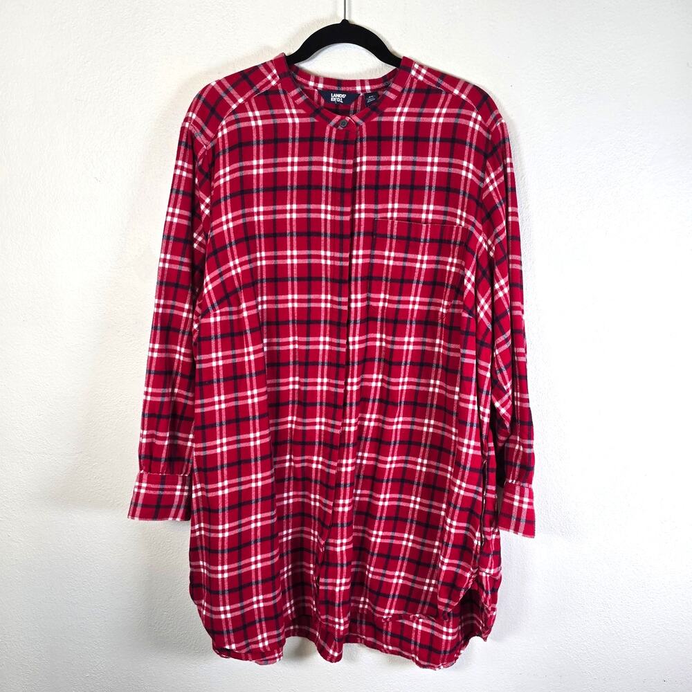 Lands End Tunic Top Women's 2X Red Plaid Flannel Pockets Winter Wardrobe Casual